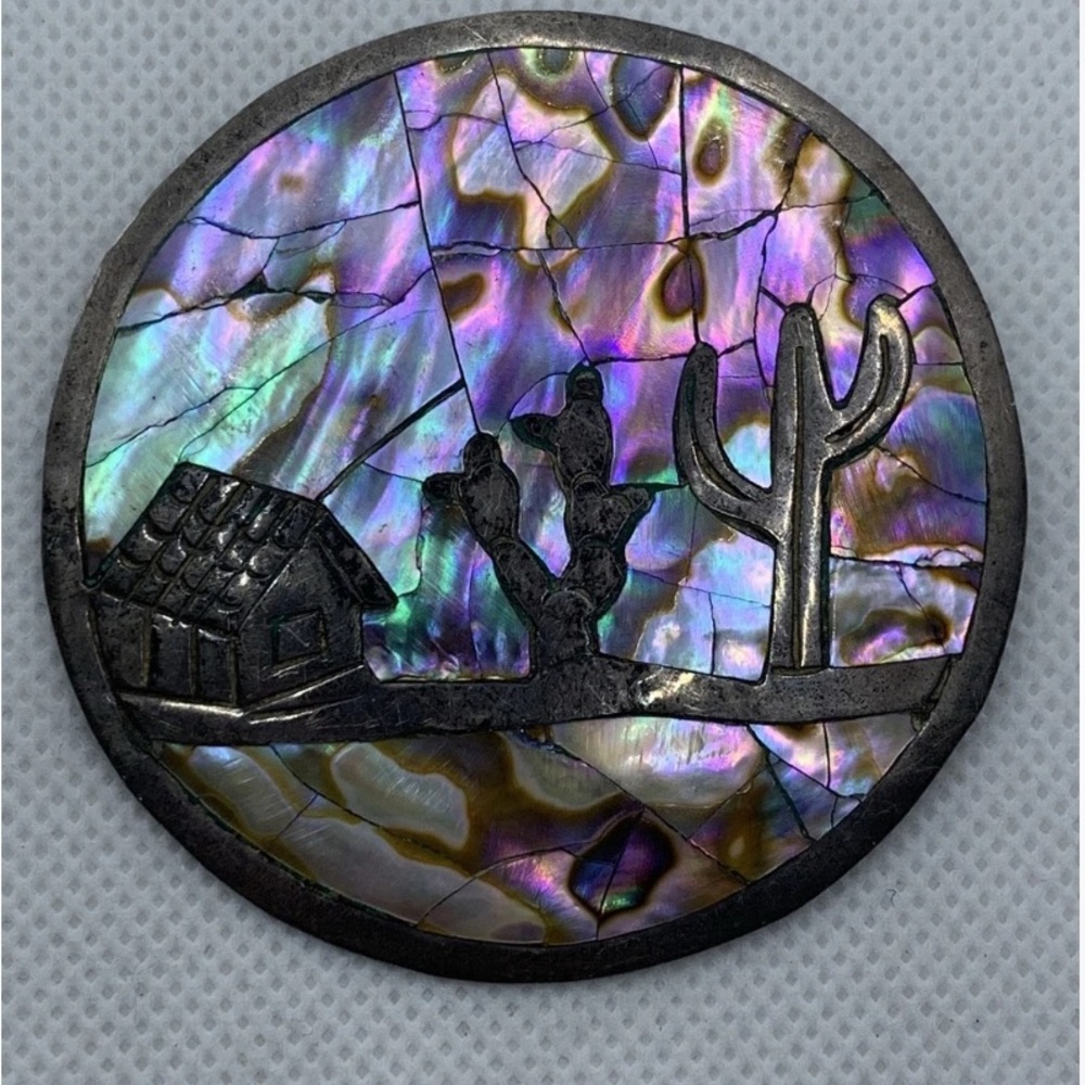 Vintage Sterling Silver Iridescent Abalone Shell Inlay Desert Scene Brooch 12.3g